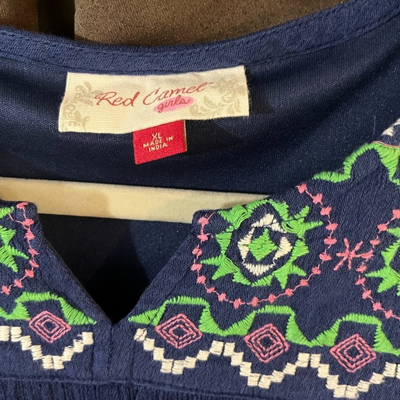 Girls Red Camel Girls Dress, Size XL, Navy with pink and green embroidery, CUTE - Picture 2 of 4